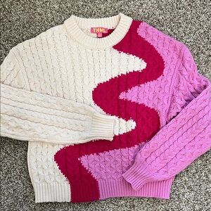THML Cream, Hot Pink & Light Pink Cable-Knit Wave Sweater